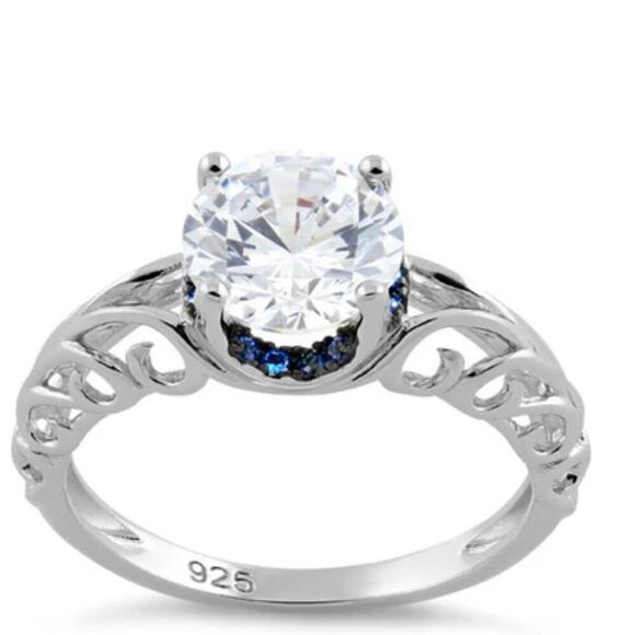 Sterling Silver Swirl Design Clear and Blue CZ Ring New - Picture 2 of 8